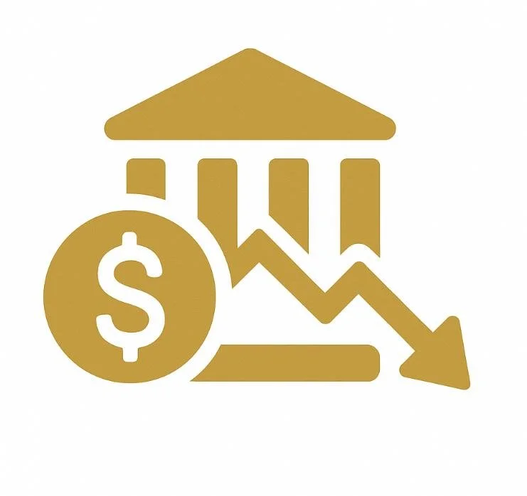 Gold-colored icon of a bank building with a downward trending arrow and a dollar sign, representing a decline in financial markets or economy.