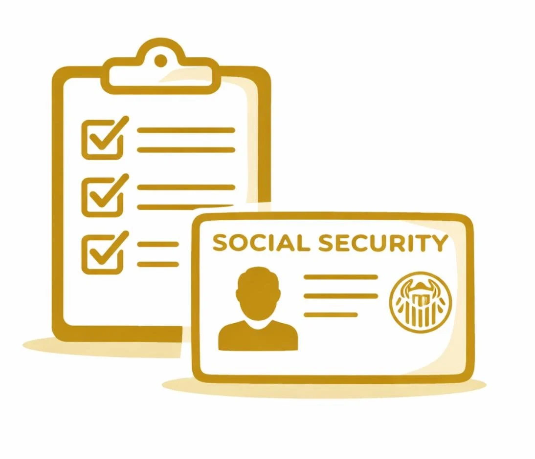 Illustration of a Social Security card and a checklist clipboard with three checked boxes.