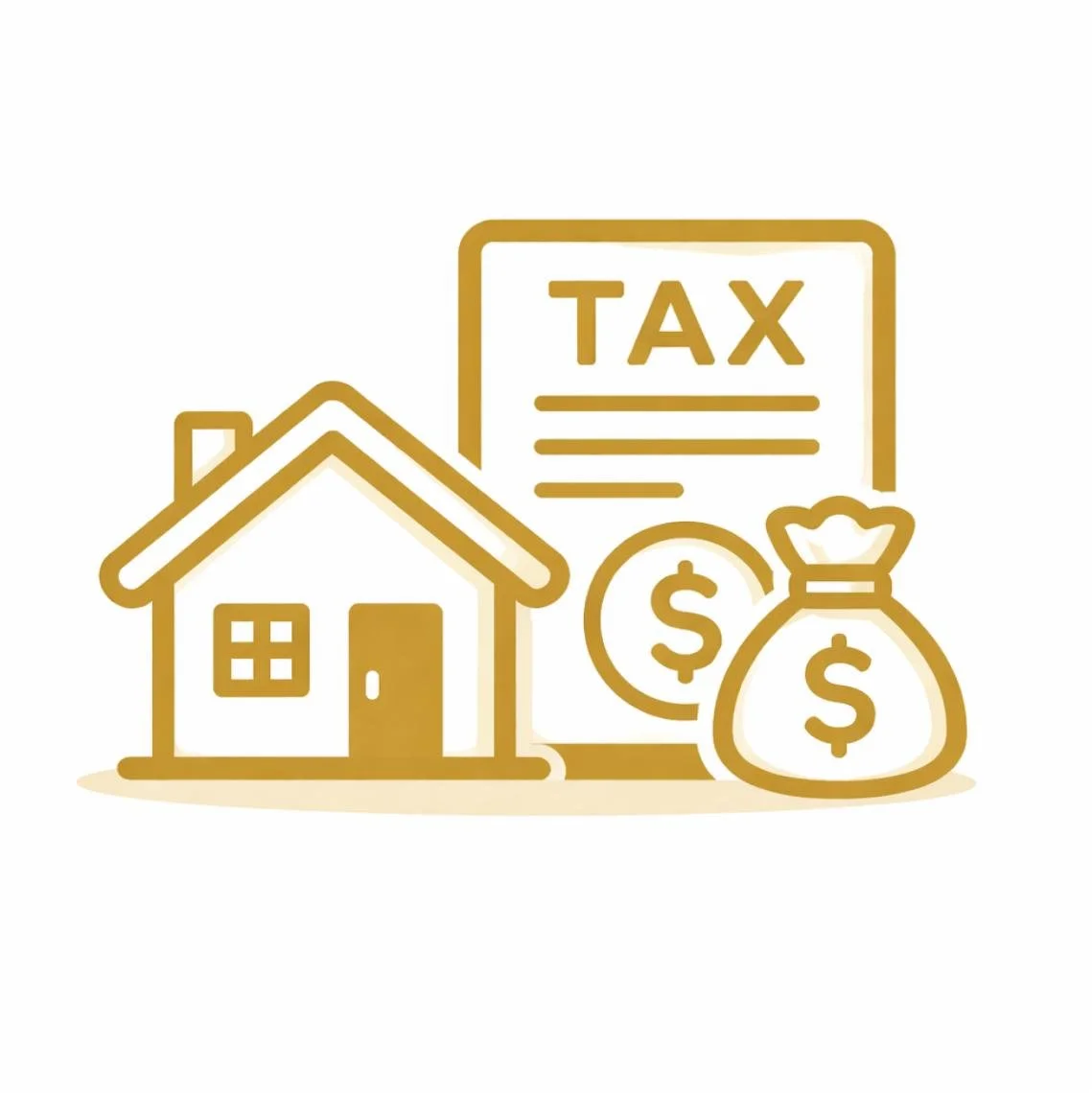 Illustration of a house, tax document, and money bags representing property tax payment.