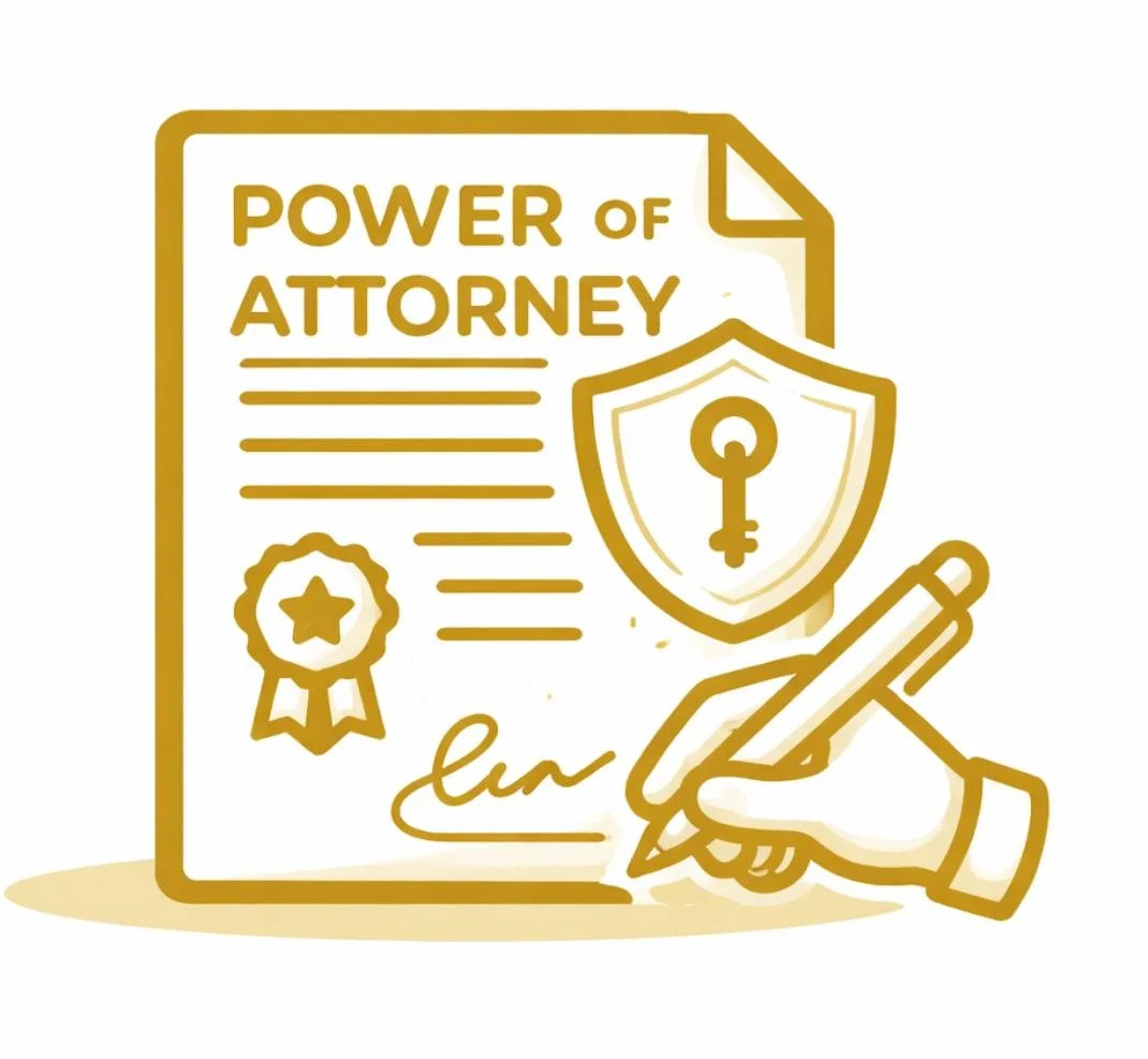 Illustration of a legal document titled 'Power of Attorney' with a shield and key symbol, a signature, a badge, and a hand signing with a pen.