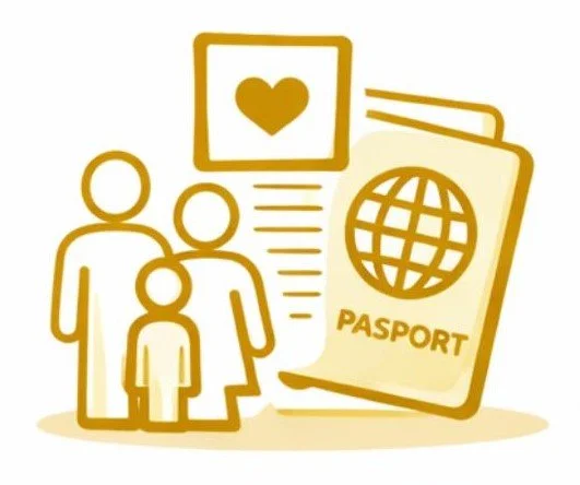 Simple illustration of a family, a heart, and passports with a global symbol, representing travel or immigration.