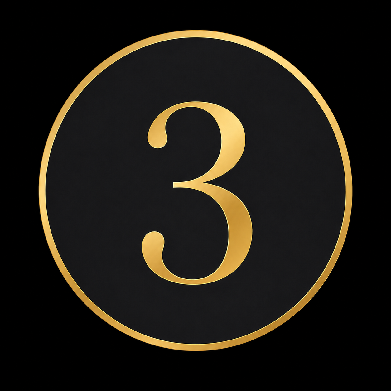 Gold number three inside a black circle with gold border, on a black background.