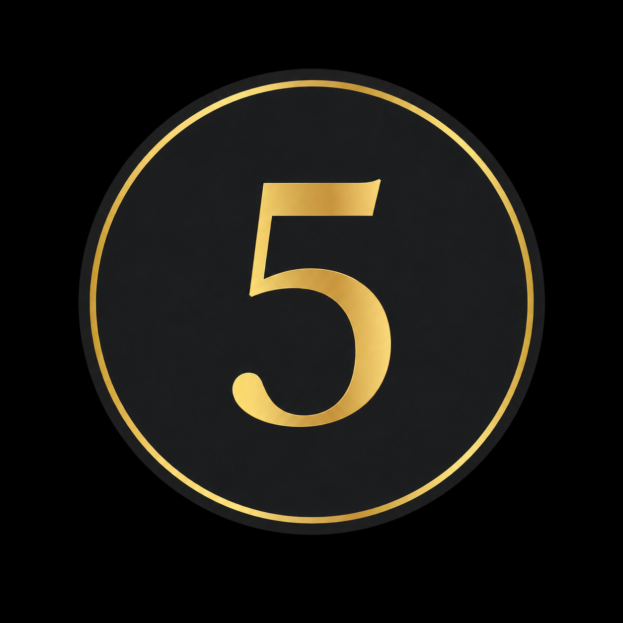 Black circular badge with a gold number 5 in the center and gold border, on a black background.
