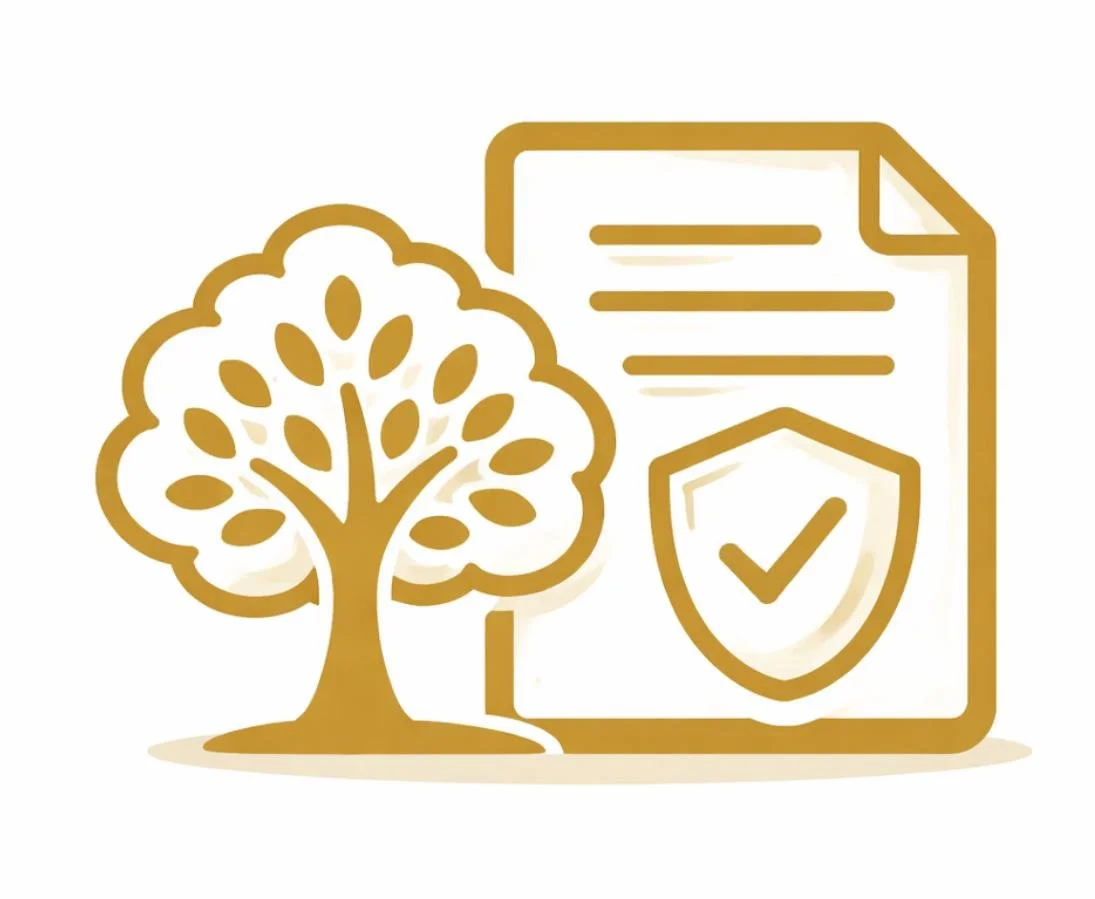 Illustration of a tree and a document with a shield and check mark, symbolizing environmental protection and insurance.
