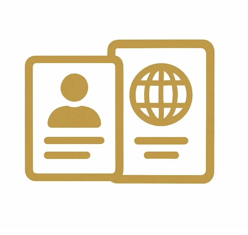 Icons of a person's profile and a globe, representing travel or identification.