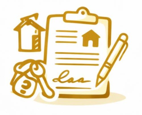Iconic illustration of a rental agreement with a pen, house, key, and a small building, all in gold outline.
