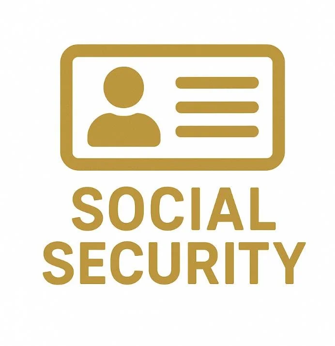 Icon of a social security card and the words "Social Security" in gold color.