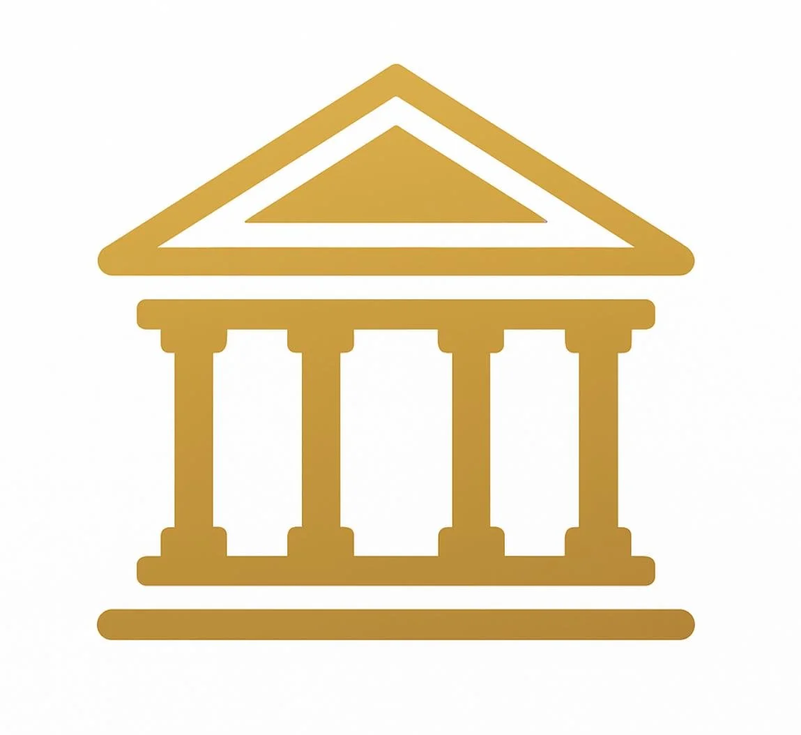 Gold outline of a classical building with columns and a triangular pediment, resembling a government or institutional structure.