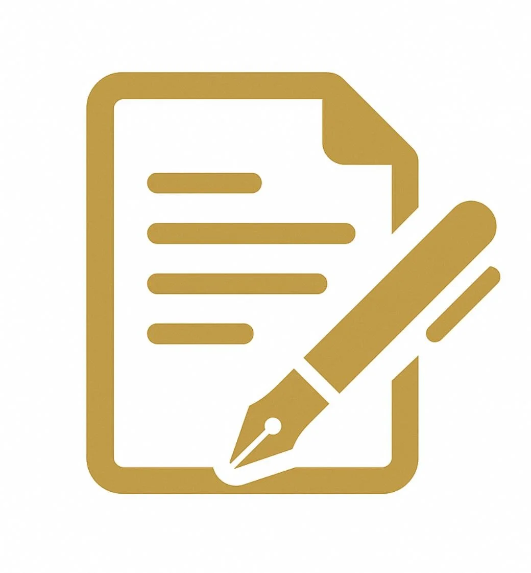 Golden icon of a document with lines of text and a fountain pen nearby.