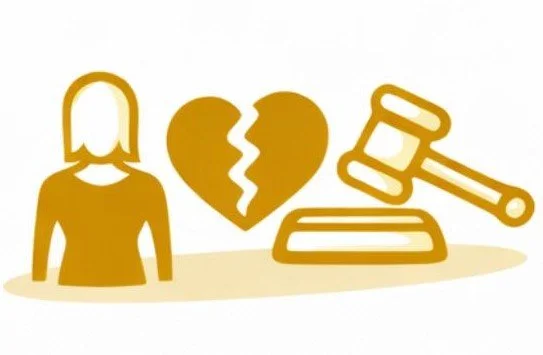 Illustration of a woman, a broken heart symbol, and a gavel, representing separation or divorce.