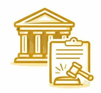 Icon of a courthouse with a gavel and a document.
