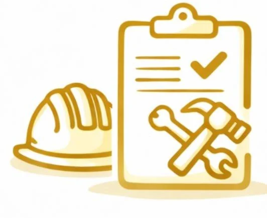 Illustration of a construction helmet, clipboard with checkmark, and a wrench and hammer crossed.