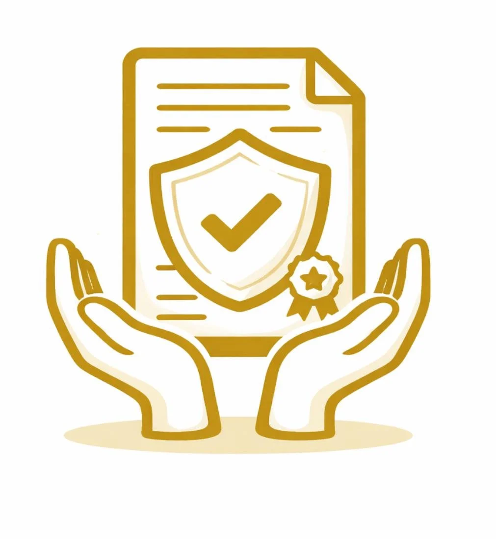 Illustration of two hands holding a document with a shield and checkmark, indicating security or certification, with a ribbon badge attached.