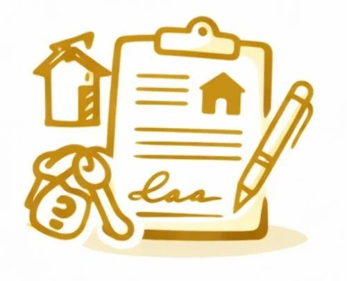 Illustration of a clipboard with a contract, a house icon, a pen, a keychain with keys, and a house model.