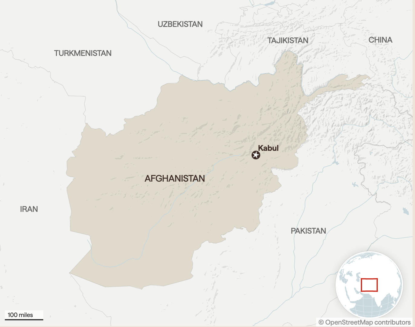 Map of Afghanistan with neighboring countries labeled. Kabul is marked with a star. An inset shows Afghanistan's location in the world.