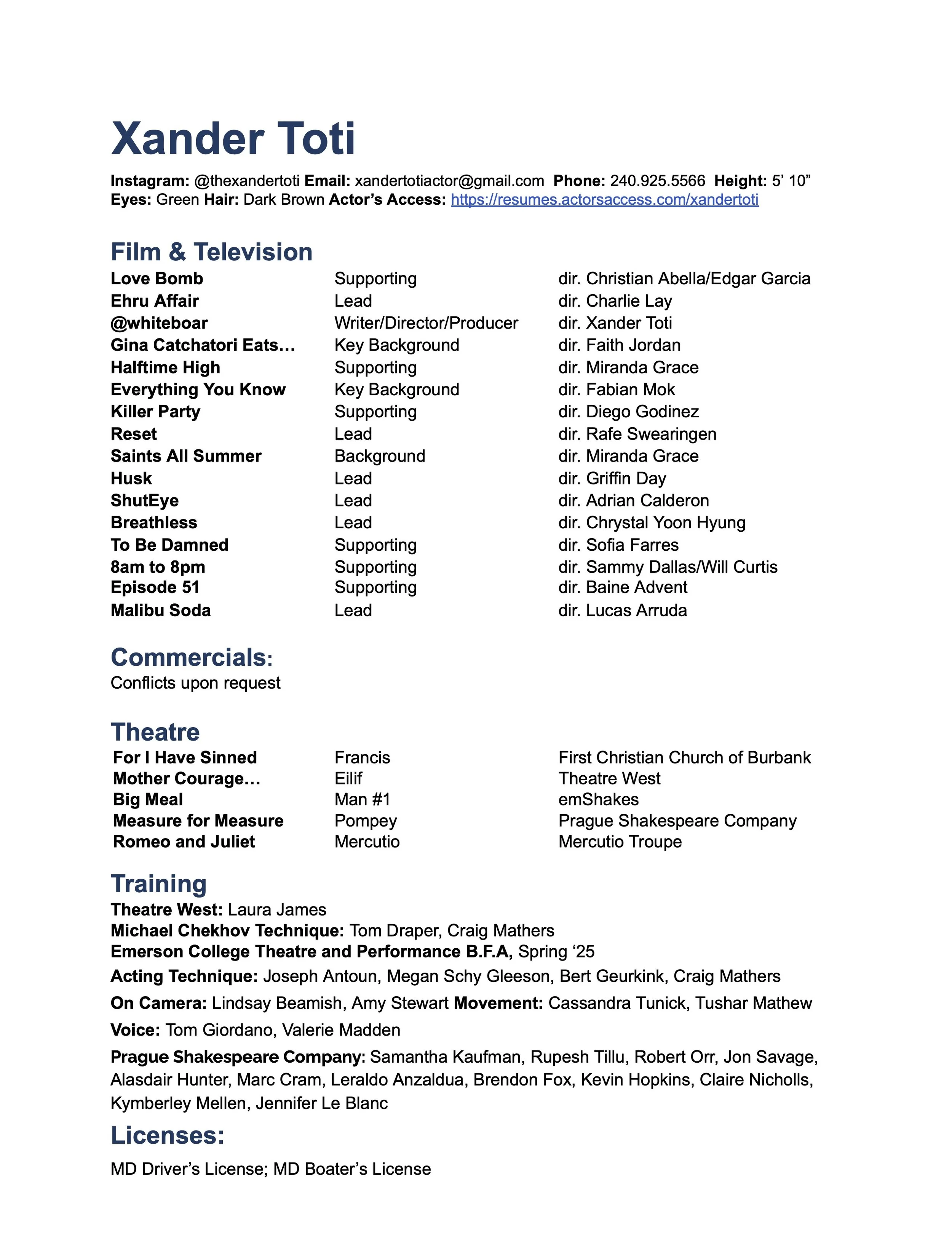 A detailed resume or profile page of Xander Toti, including personal contact information, a list of film and television projects with roles and directors, information about commercial and theater work, licenses, and voice work.