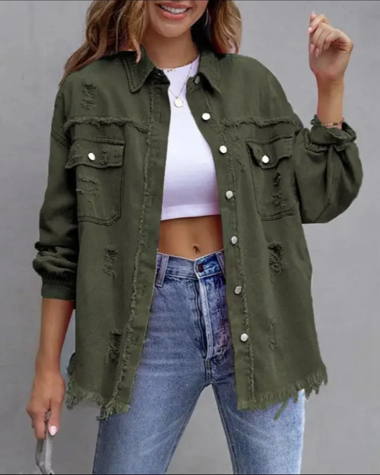 Ripped Loose Denim Jacket -  Army Green