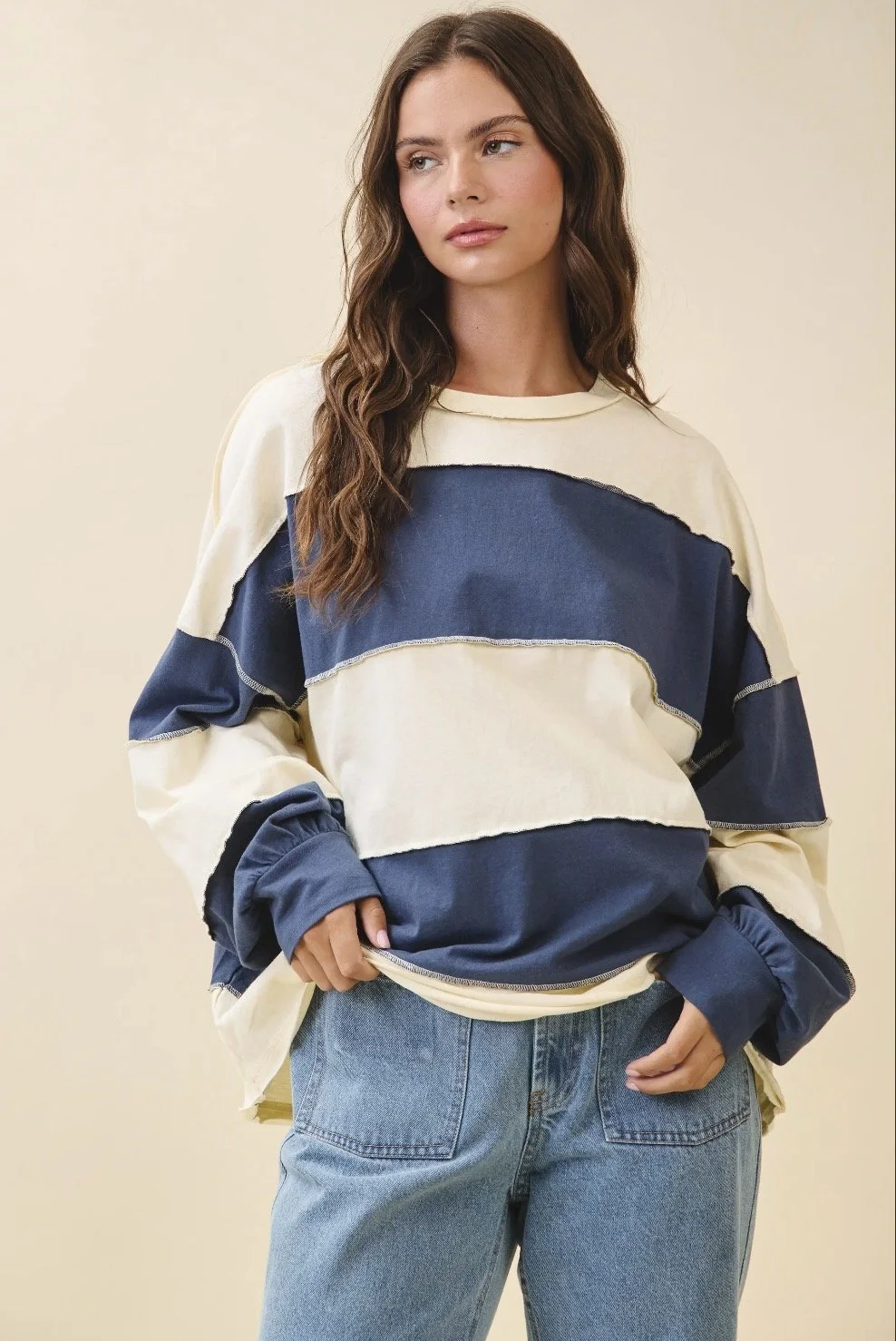 Oversized Color Block Long Sleeve Pullover - Navy
