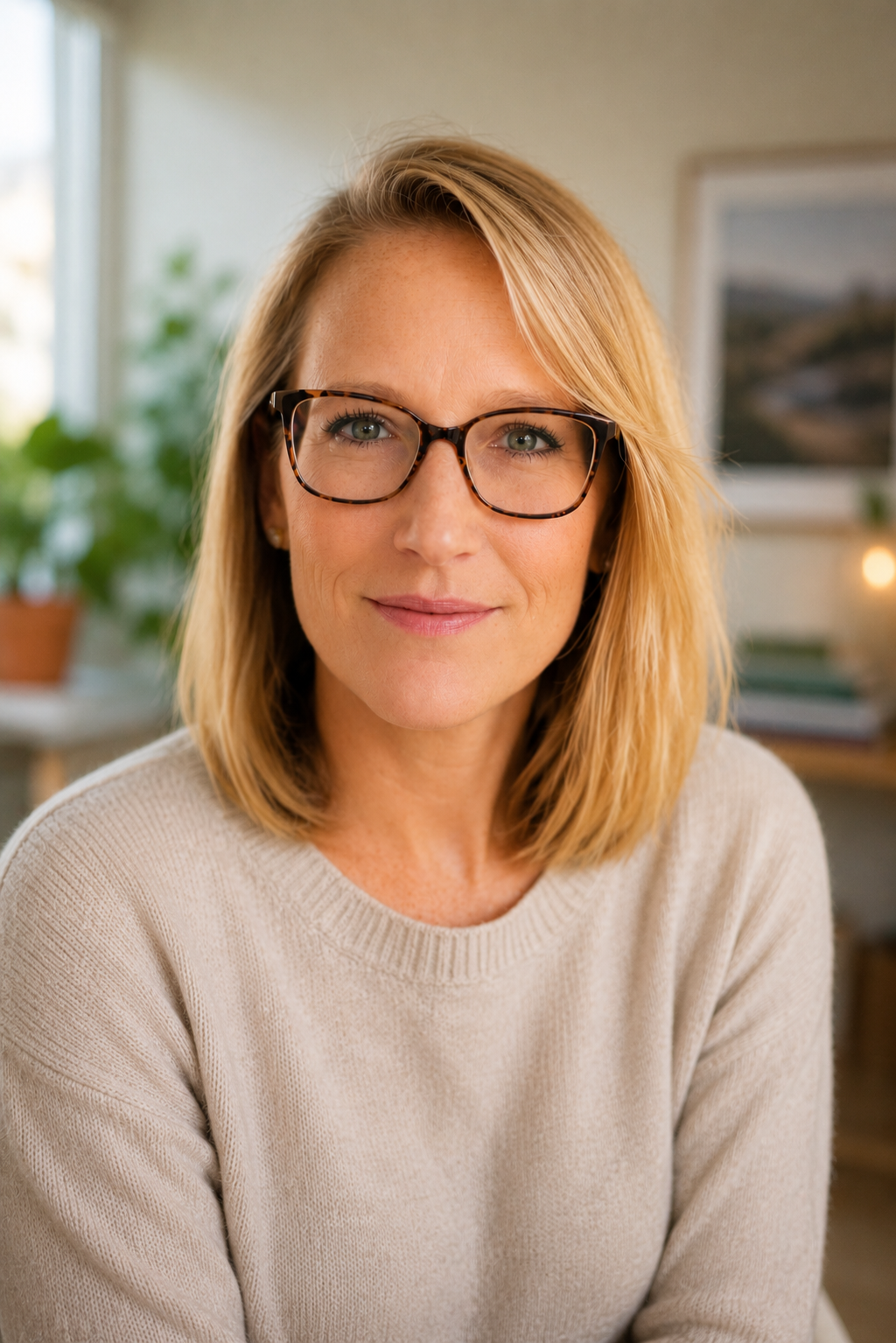 A woman with shoulder-length blonde hair and glasses, smiling in a cozy, well-lit room with houseplants and artwork in the background.