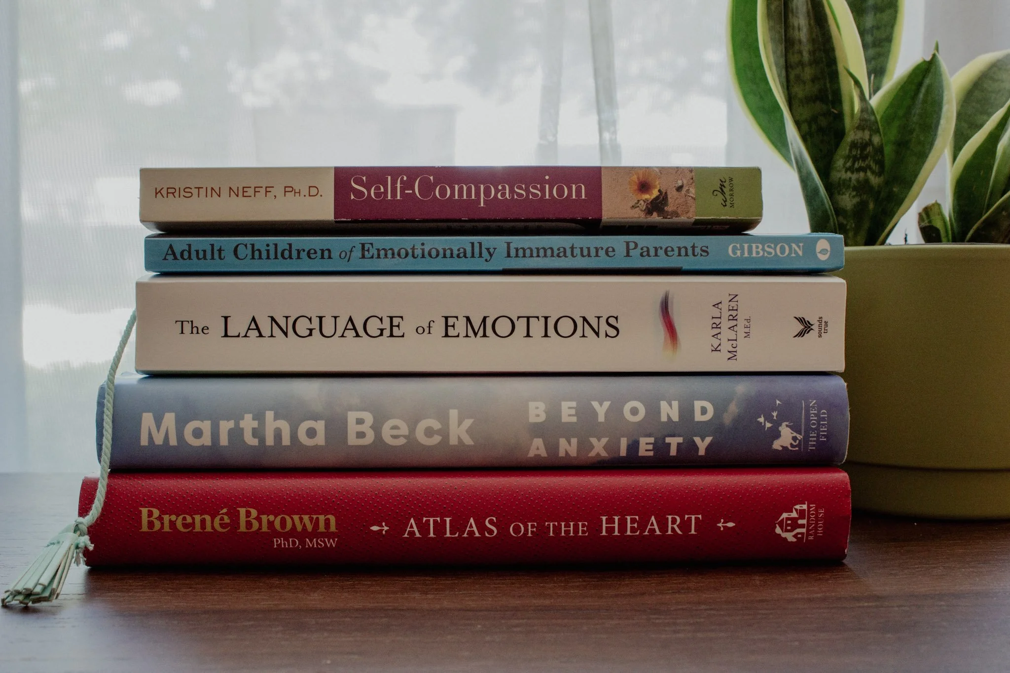 Stack of six books on a wooden surface with a background of a window and a plant. The titles include 'Self-Compassion,' 'Adult Children of Emotionally Immature Parents,' 'The Language of Emotions,' 'Beyond Anxiety,' and 'Atlas of the Heart.'