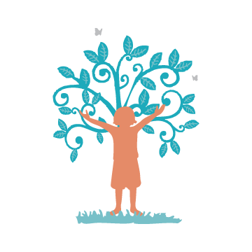 A silhouette of a child with arms raised standing in front of a stylized tree with swirling branches and leaves, on a black background.