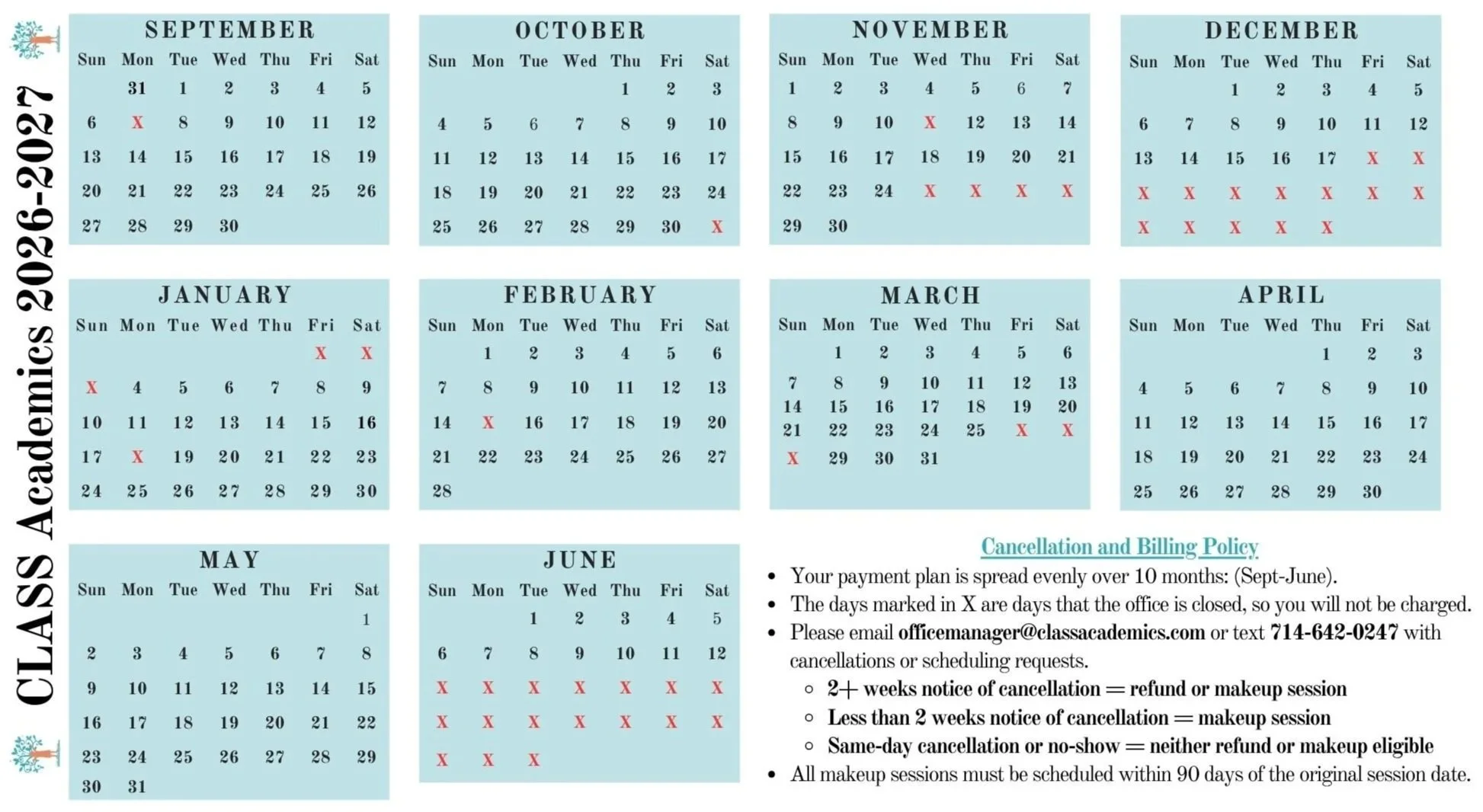 A calendar showing months from September to June 2024, with specific days marked with red xs indicating office closed days.
