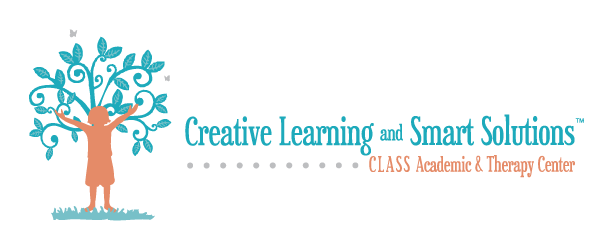 Logo for Creative Learning and Smart Solutions, a class and therapy center, featuring a stylized tree with a person as the trunk and blue leaves.