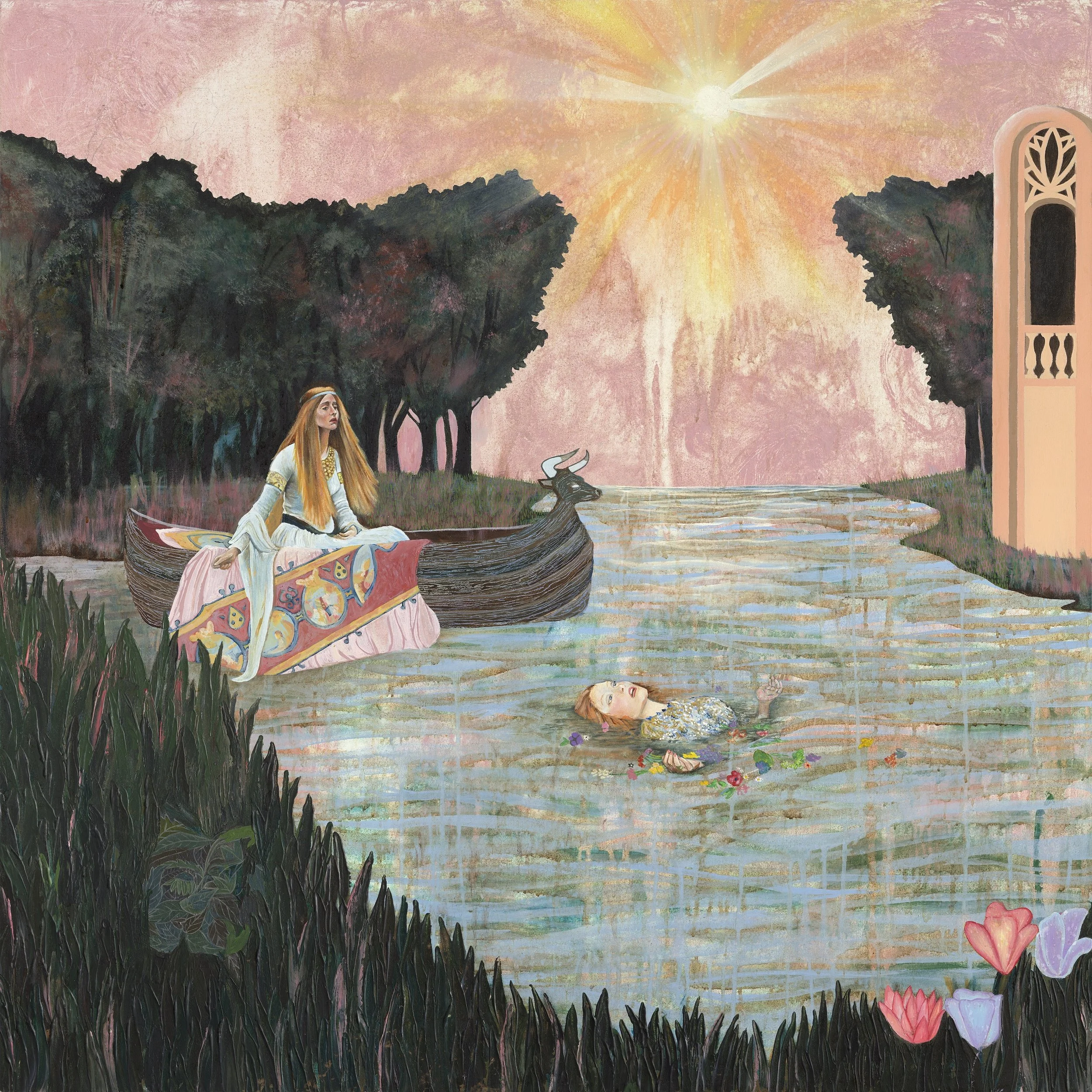 A fantasy scene depicting a girl with long reddish hair and a white dress sitting by a pond with colorful flowers. There is a dragonfly near the girl, and the pond is surrounded by lush, dark green grass. A large, glowing sun shines in a pink and orange sky, with some clouds. To the right, there is part of a building with a decorative arch and balustrade. The overall style is artistic and illustrative.