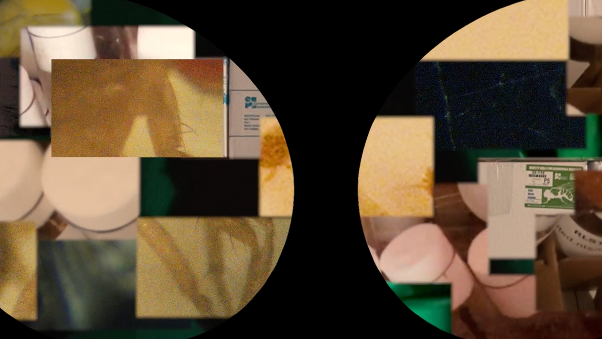 A cluttered collection of various household items including containers, boxes, and cups. The image is partially obscured and distorted.