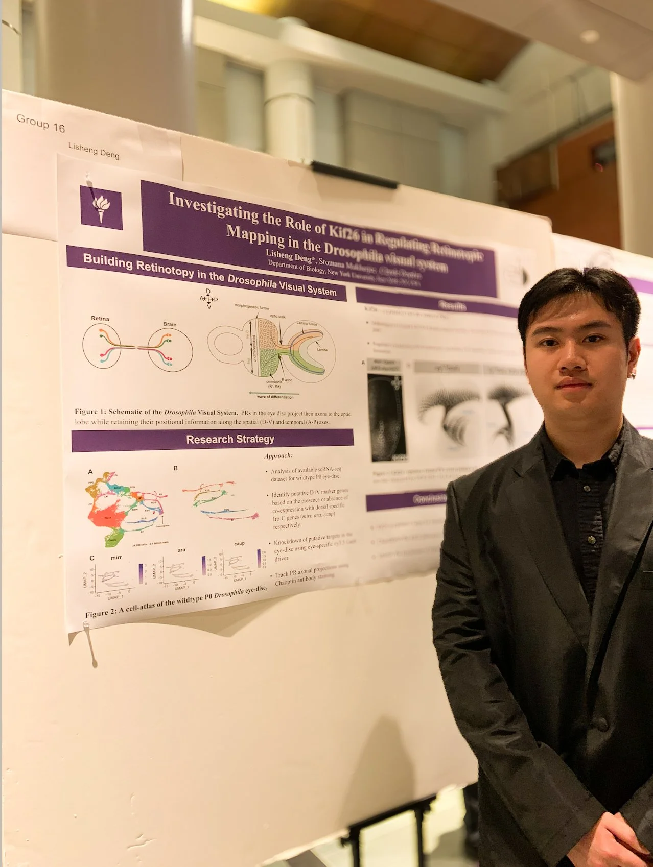 A young man in a black suit standing in front of a scientific research poster titled 'Investigating the Role of Ki126 in Regulating Retinoblastoma Mapping in the Drosophila Visual System' at an academic conference.