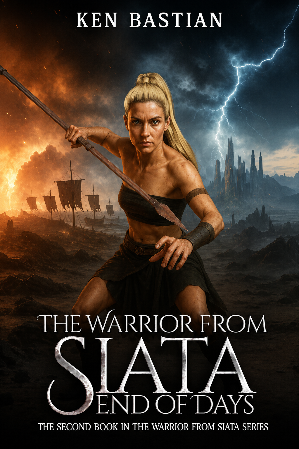 Book cover for 'The Warrior from Siata: End of Days' featuring a muscular blonde woman wielding a spear, dark stormy sky with lightning, and an ancient battlefield with ships in the background.