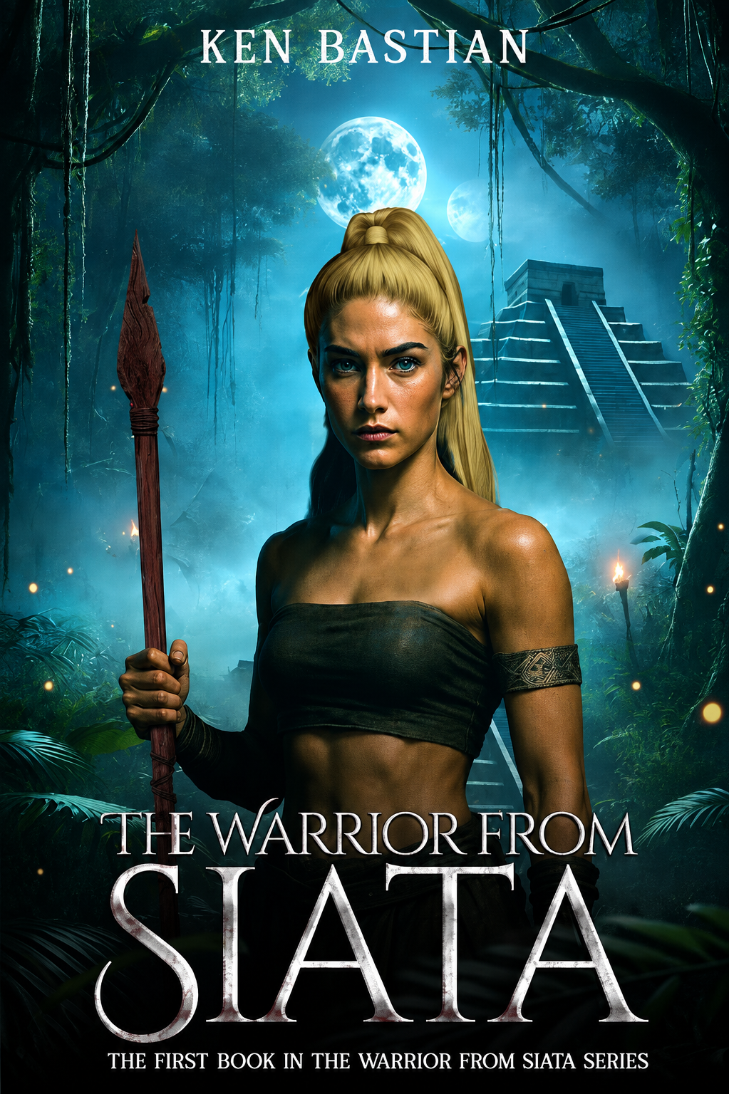 Book cover for 'The Warrior from Siata' featuring a woman with long blonde hair holding a spear, set in a jungle with a moonlit sky and ancient pyramid in the background.