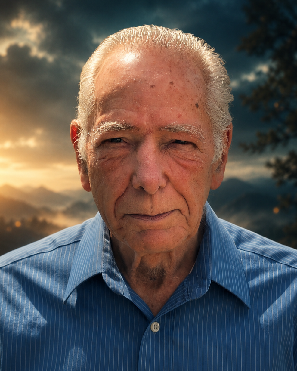 Close-up of an elderly man with gray hair and a serious expression wearing a blue striped shirt, outdoors during sunset with a cloudy sky and a mountain landscape in the background.