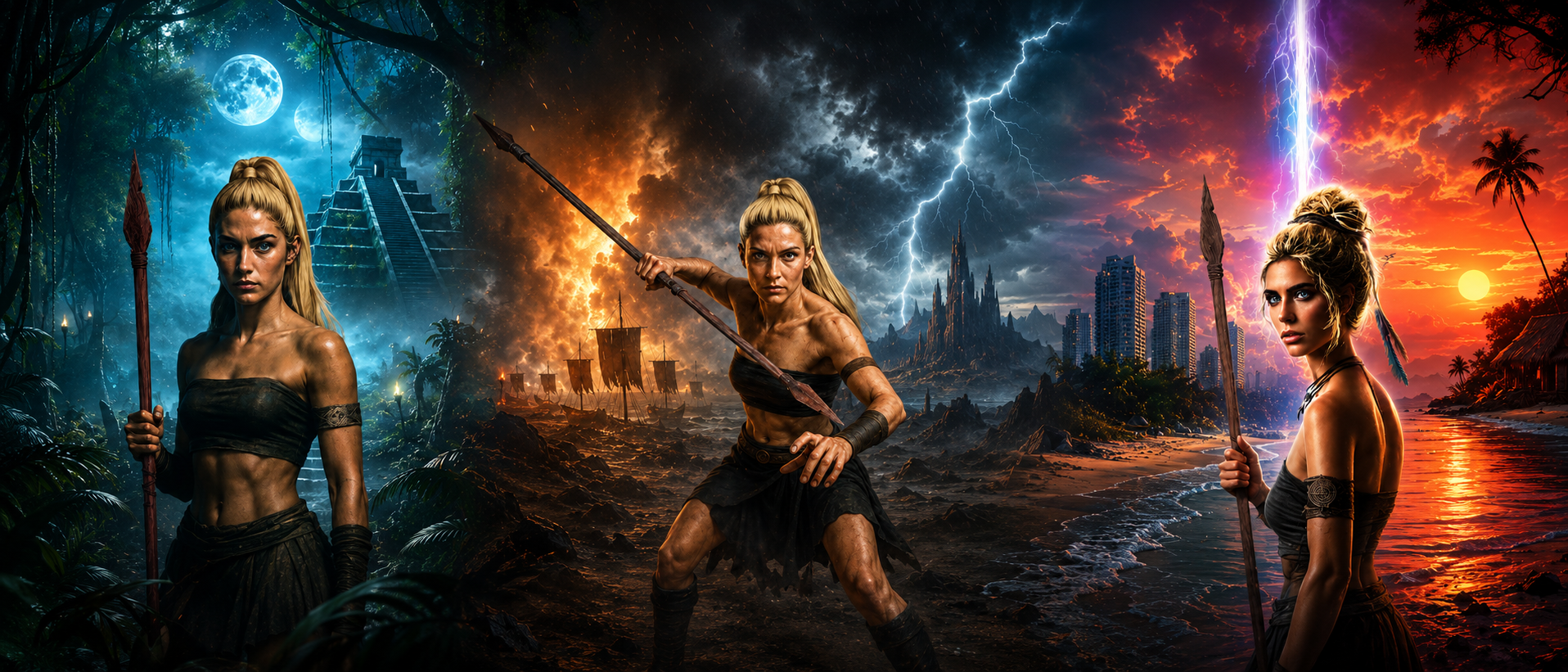 Digital artwork featuring three fierce female warriors in a fantasy setting, with a mysterious jungle backdrop. The left and right women hold spears, dressed in dark tribal attire. The middle woman wields a spear, looking determined, with a backdrop of stormy skies, lightning, and a distant city skyline on a fiery sunset.