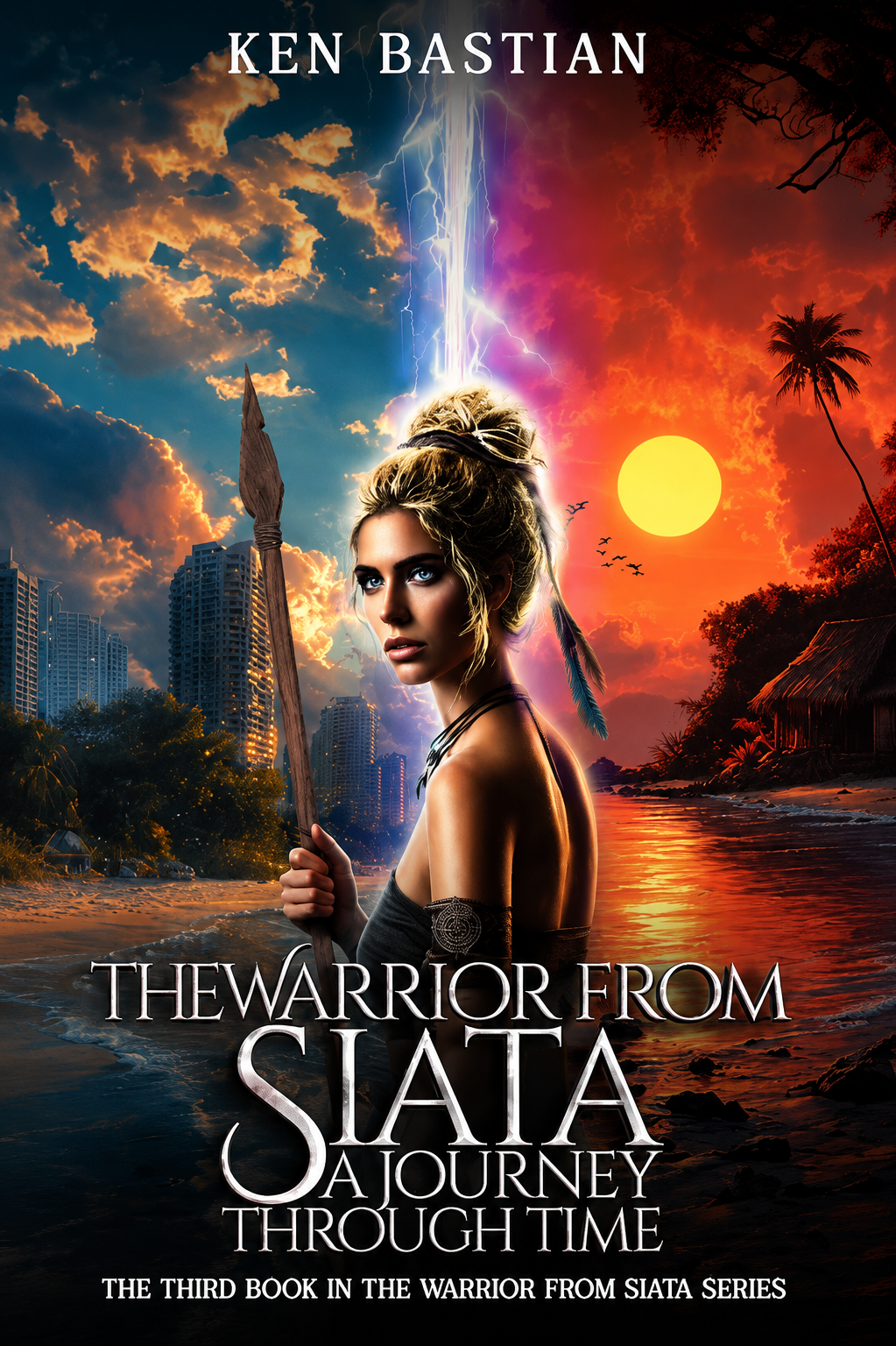 Book cover for 'The Warrior from Siata: A Journey Through Time' by Ken Bastian. Features a woman with blonde hair and blue eyes holding a spear, half in a modern cityscape with skyscrapers and trees, and half in a tropical landscape with a sunset, palm trees, and a hut. The background has storm clouds, lightning, and a setting sun.