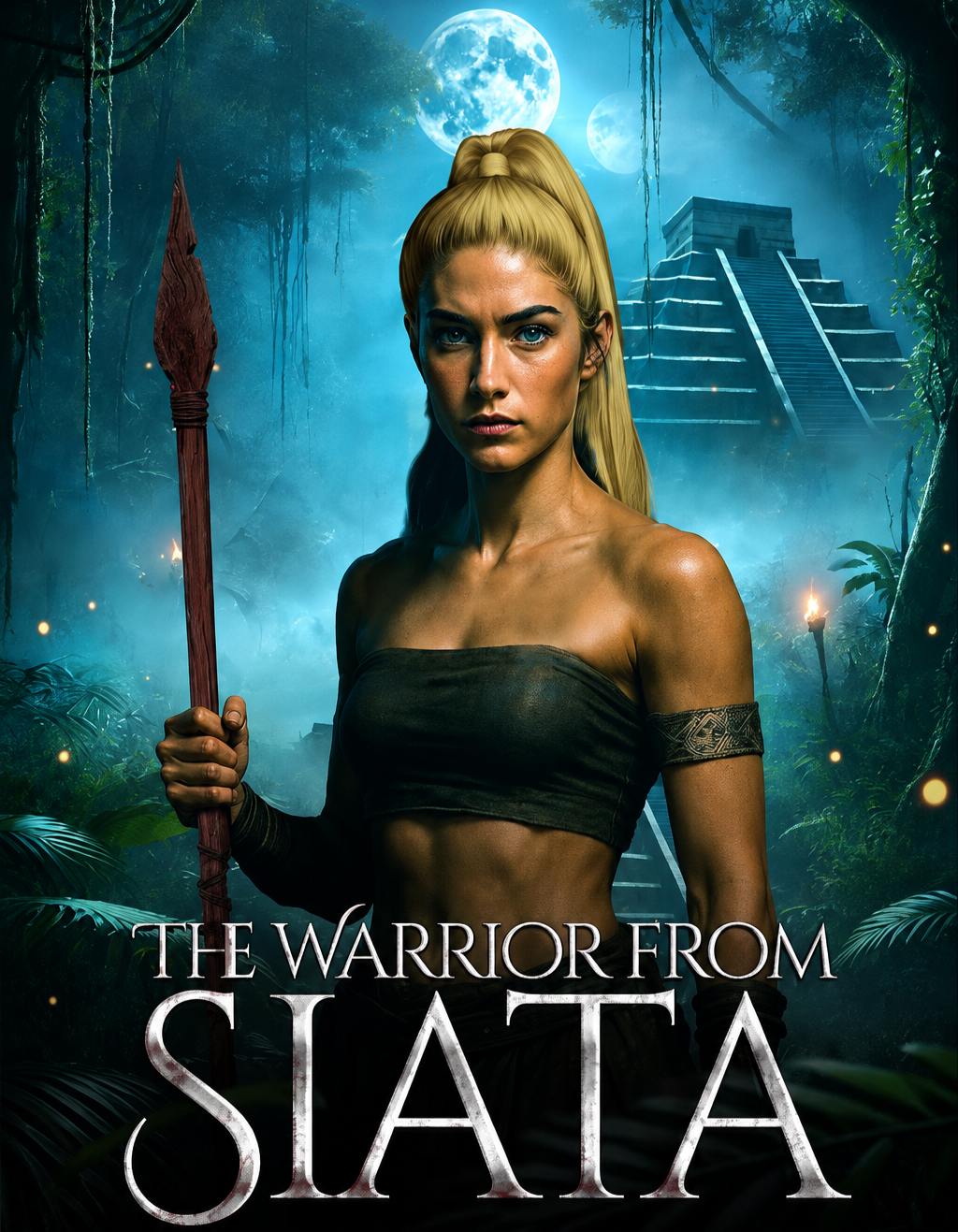 A woman dressed as a warrior holding a spear in a jungle with ancient ruins and a full moon in the background.
