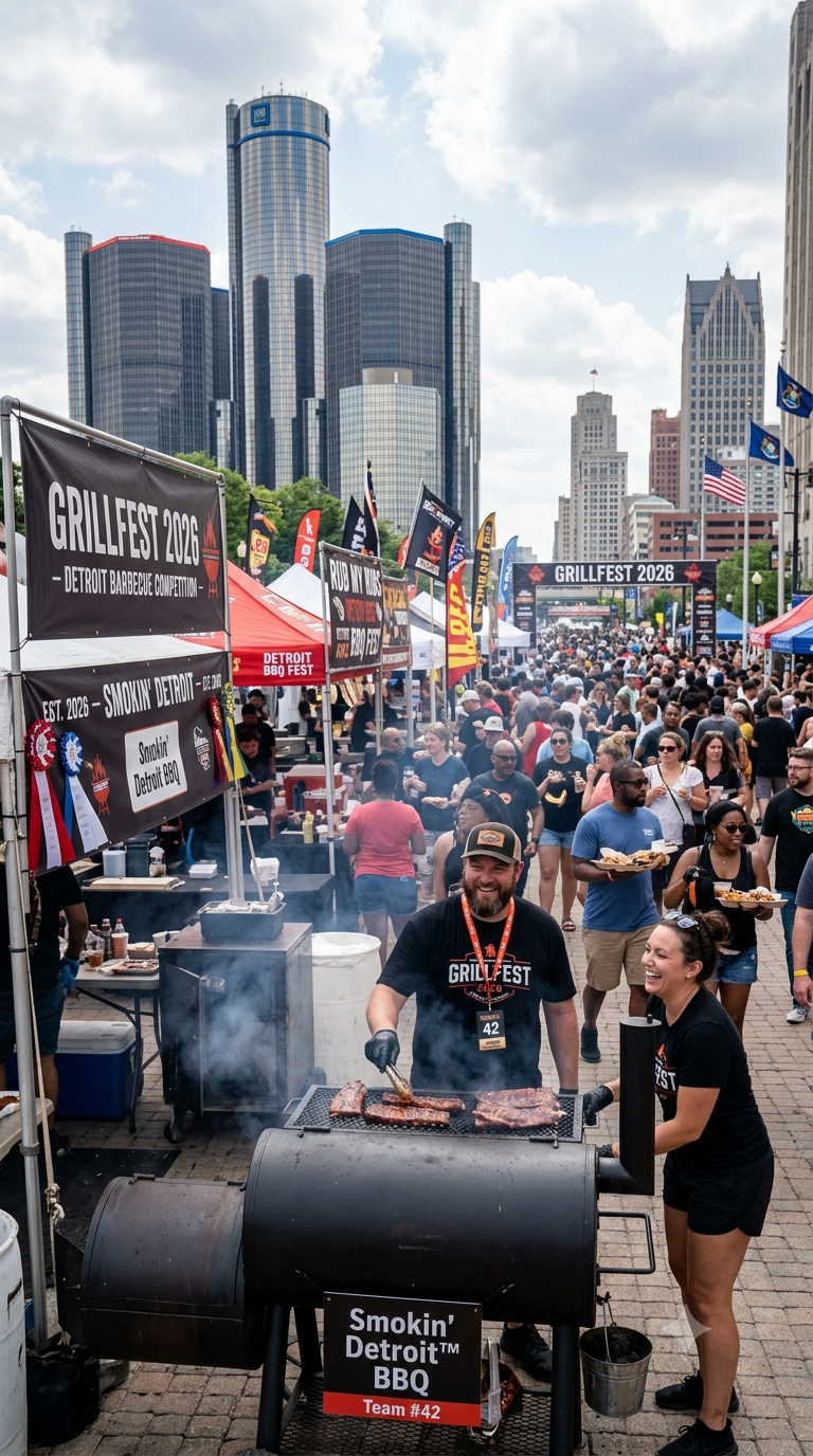 Crowd at Detroit Barbecue Festival with tents and banners, people grilling and enjoying food, city skyline in the background.
