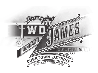 Logo for Two James Spirits featuring decorative text and design elements, includes the words 'Handcrafted', 'Corktown', and 'Detroit'.