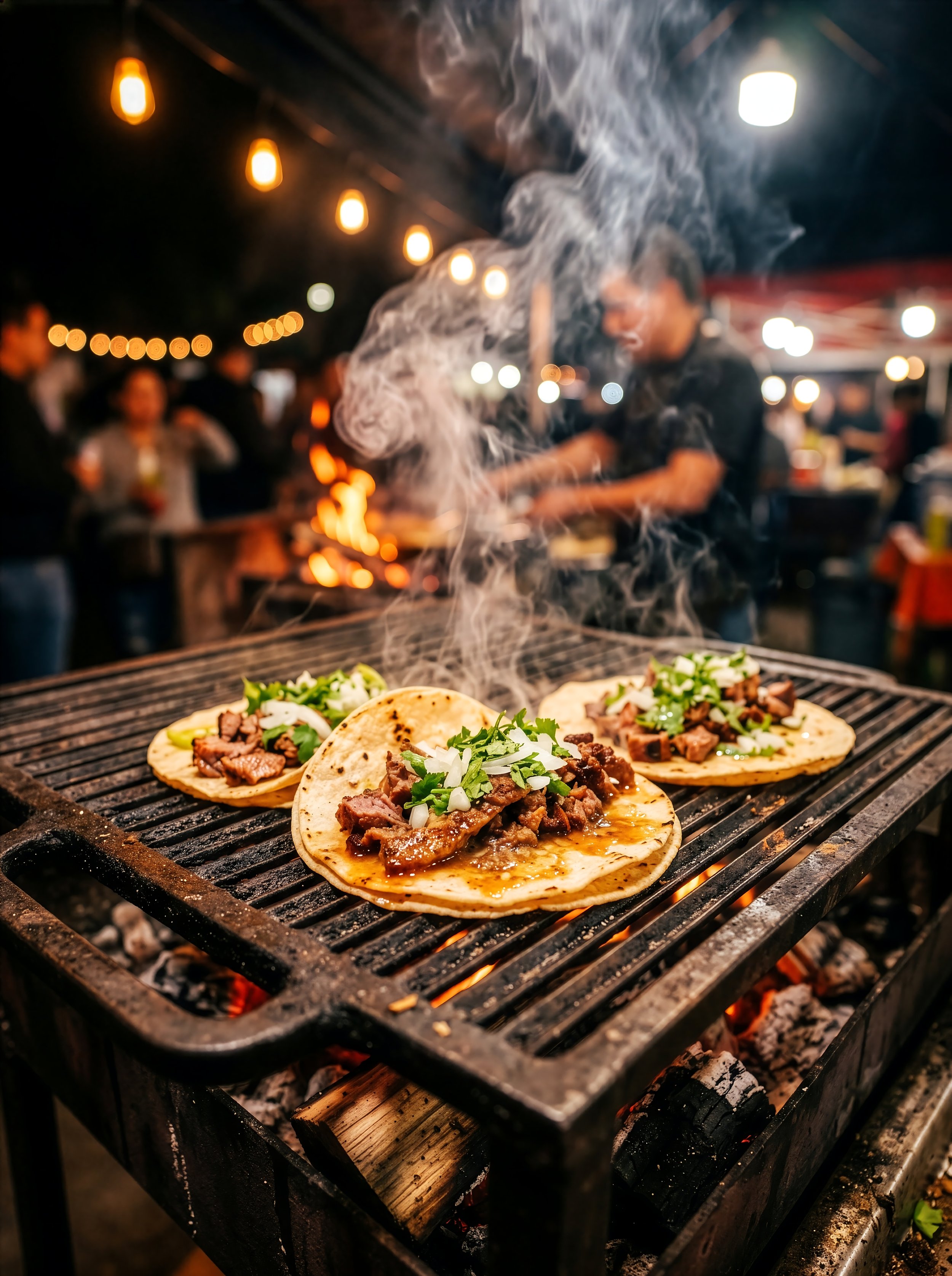 Tacos being grilled over an open flame at night, with smoke rising and blurred people and string lights in the background.