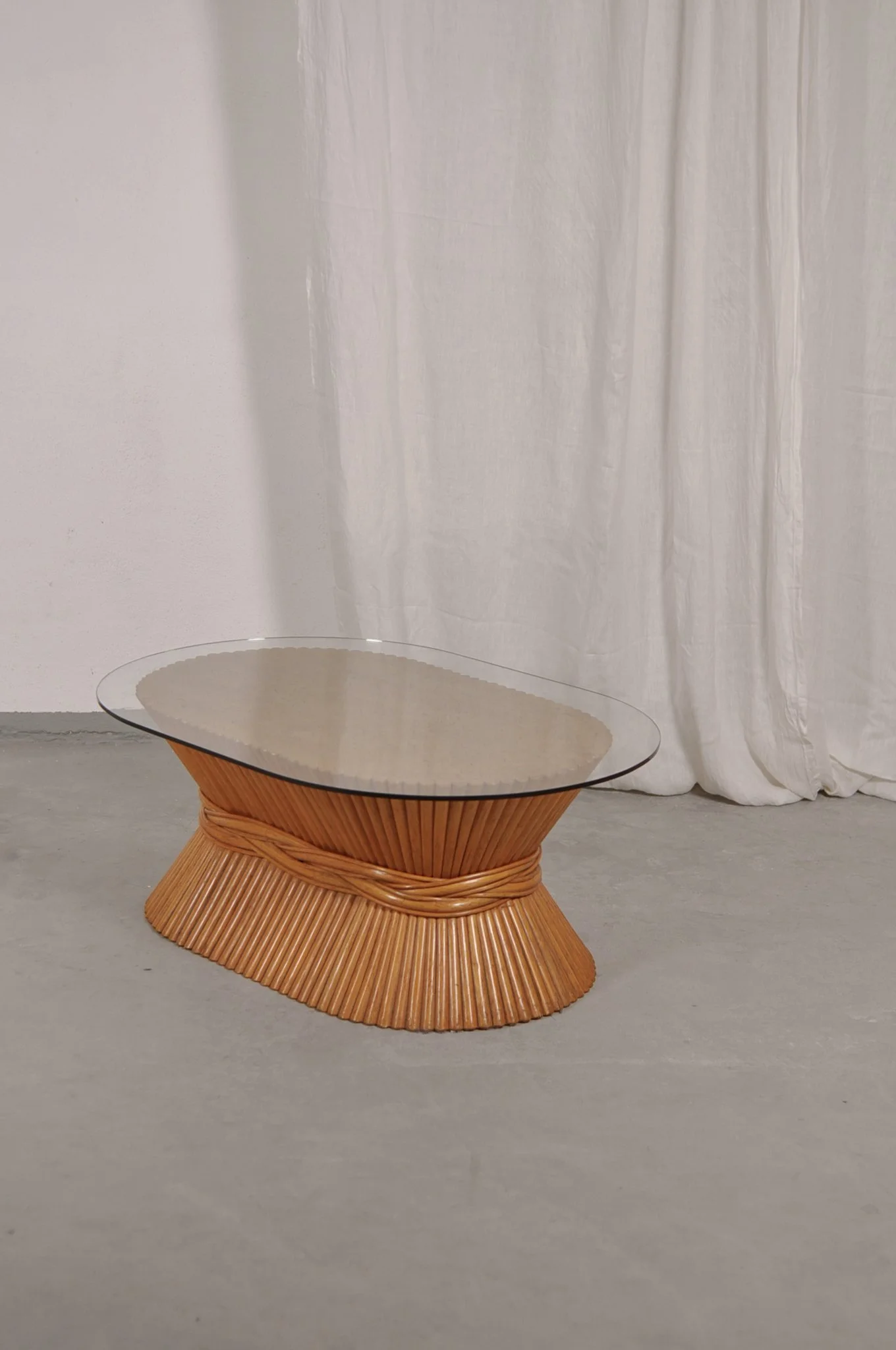 Sheaf  Of  Wheat Coffee Table, Rattan And Glass, C. 1970s