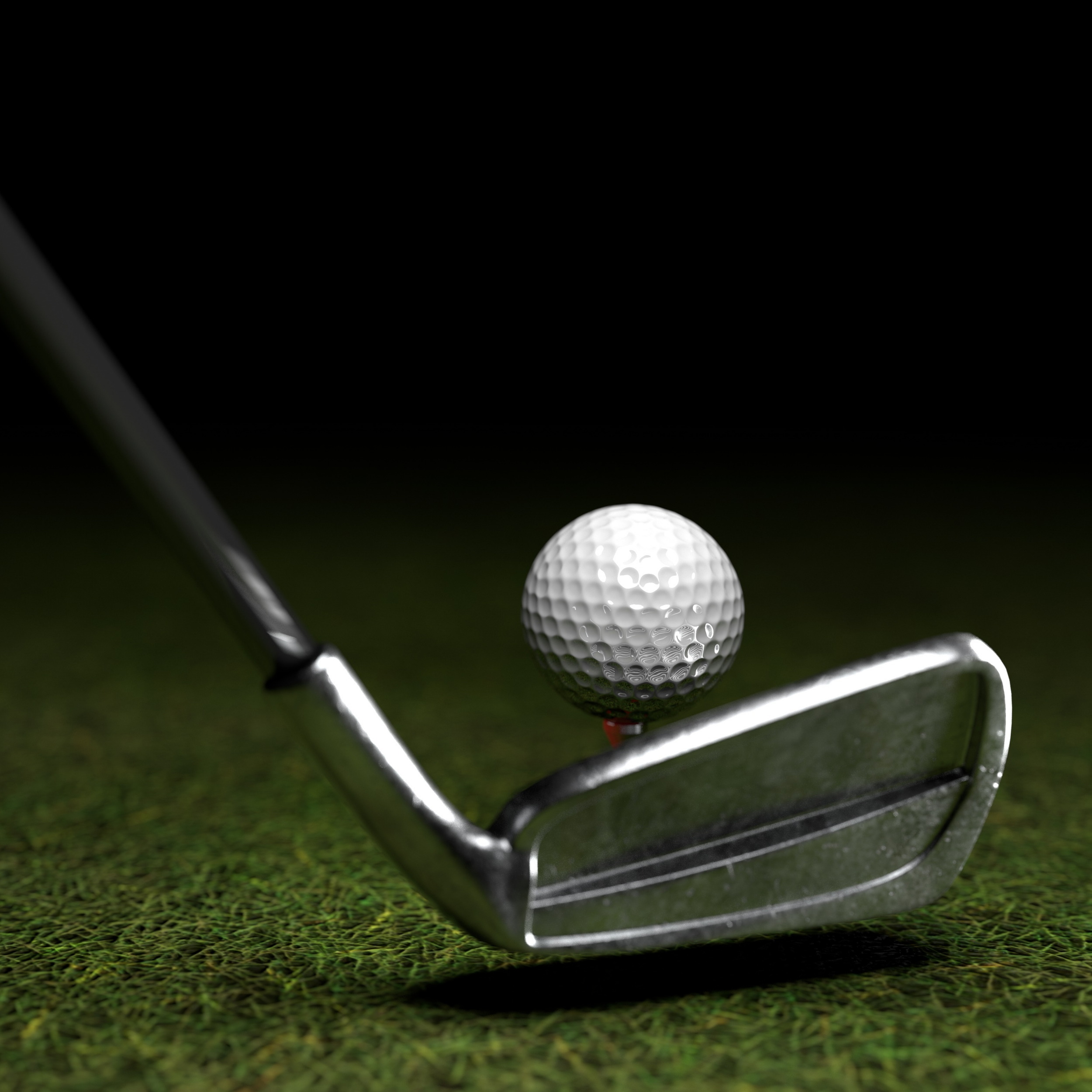 Close-up of a golf ball on a tee, set on a green grassy surface, with a golf club approaching to hit it. FORE! Golf & Game Simulator — Book a Bay in East Hartford, CT East Hartford Flex Space