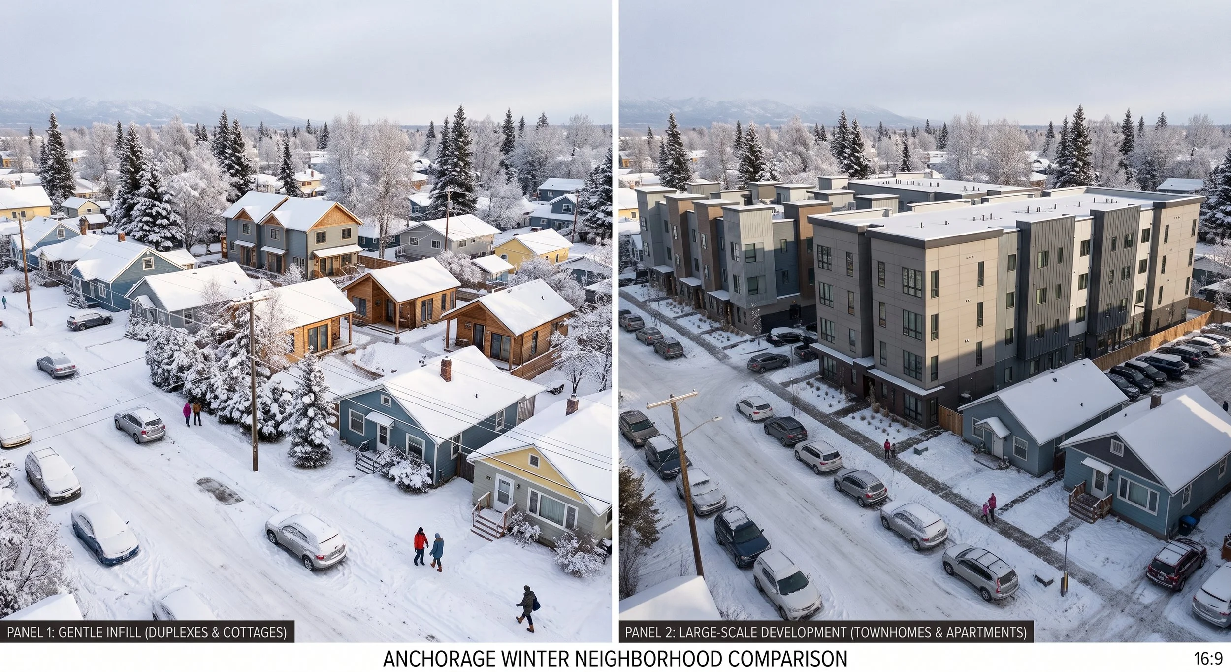 A comparison of gentle infill (housing that fits the scale of the existing neighborhood) vs larger housing that would be a better fit in a middle to high density zone (near town centers or in R3 and R4 zones).