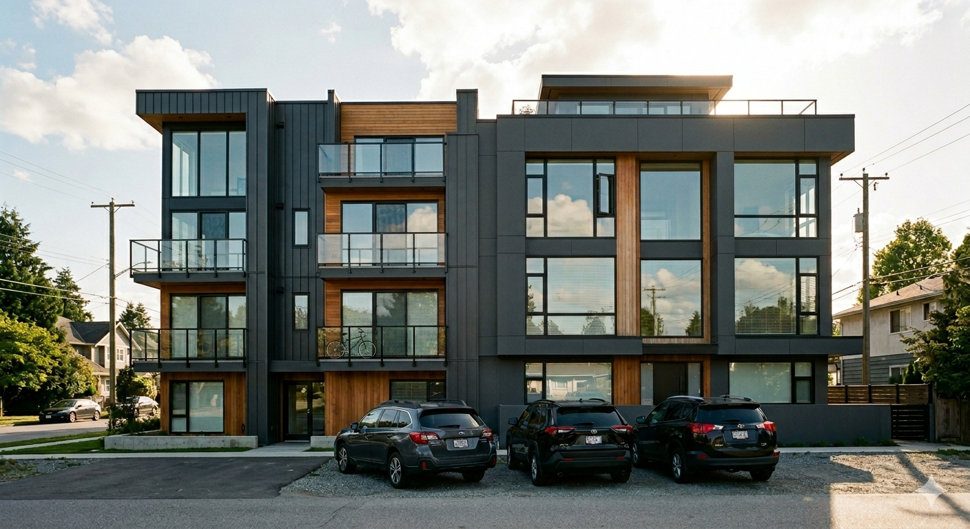 High-end modern multi-unit building with large glass windows and balconies, parking lot with three cars in front, no yard. Developers will face higher land values with zoning use changes, resulting in more high-end homes, not affordable ones. 