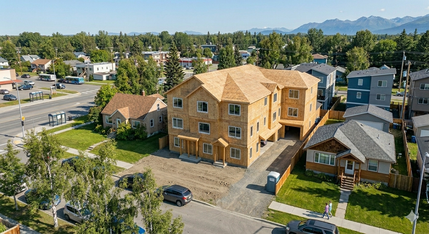 An aerial view of a residential neighborhood showing a new large multi-story wooden building under construction, surrounded by established houses, trees, and a street with parked cars. The new house dwarfs the nearby homes at 40' tall. At 70% lot cov