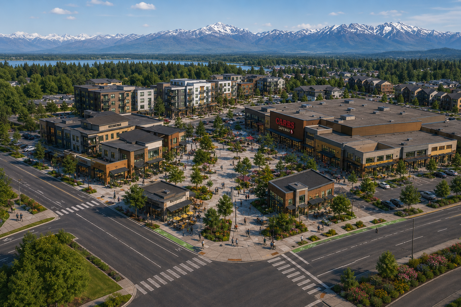 A town center on Debarr with housing and retail spaces, centered on a Carrs grocery center. Features a walkable center with parking around the periphery. 