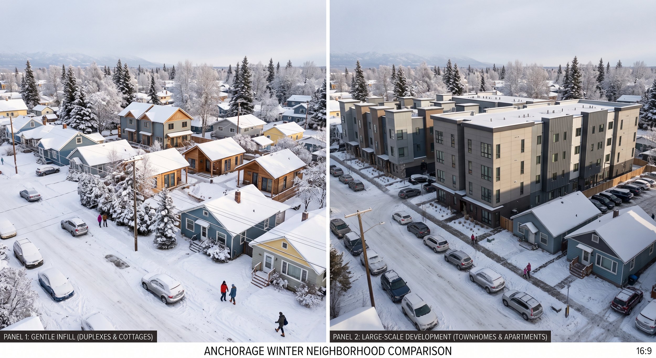 Comparison of two Anchorage winter neighborhoods: on the left, a traditional neighborhood with duplexes and cottages surrounded by snow-covered trees; on the right, a large-scale apartment development with modern apartment buildings also covered in snow, parked cars along the streets, and a few pedestrians in winter clothing.