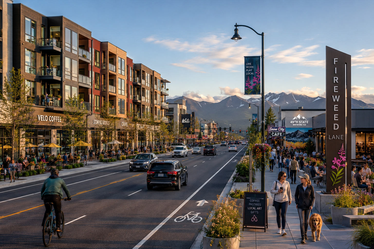 Fireweed Lane, reimagined as a busy and walkable corridor with housing and street-level retail, including dining patios.