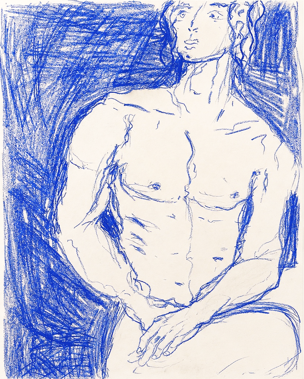 Blue line drawing of a seated male figure with long hair, one hand resting on his knee, against a textured blue background.