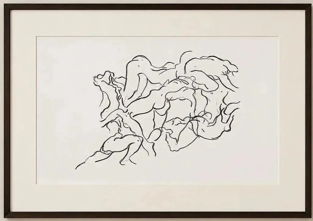 Line drawing of abstract, swirling shapes in black ink framing a white background.