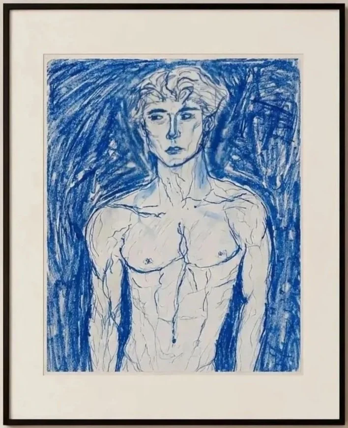 Line drawing of a shirtless man with short, tousled hair, set against a blue textured background, framed and matted for display.